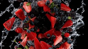 Super slow motion shot of rotating exploded berries fruit with splashing water on black at 1000fps. - Powered by Shutterstock - Get 15% off with code: PIKWIZARD15