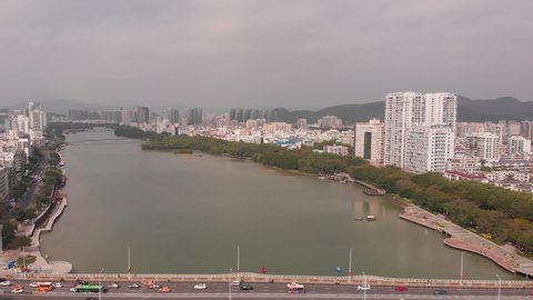 Aerial 4K view of Sanya city on Hainan Island in China. Resorts, Sea and Beaches 