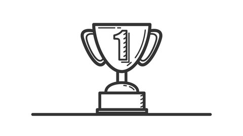 Animated of Popup Trophy in Doodle Style. Describe a number 1 winner of competition or championship.