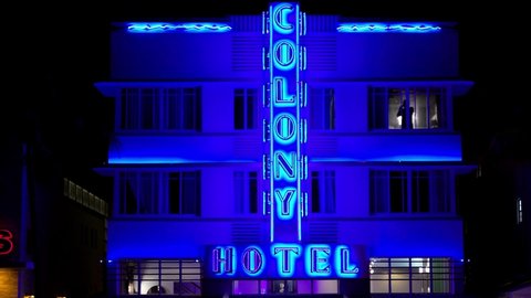 Colorful Colony Hotel on Ocean Drive at South Beach Miami by night - MIAMI, USA - FEBRUARY 14, 2022