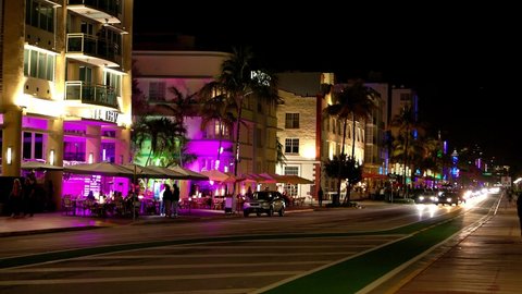 Colorful Ocean Drive at South Beach Miami by night - MIAMI, USA - FEBRUARY 14, 2022