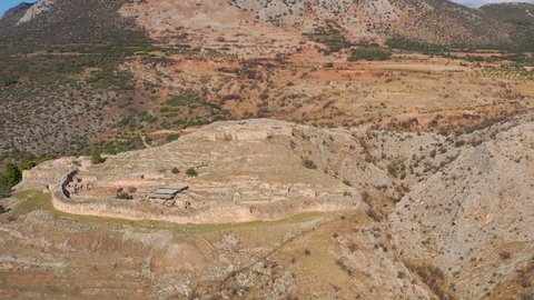 Aerial view by drone of archaeological site of ancient citadel of Mycenae, north-eastern Peloponnese, Greece.
