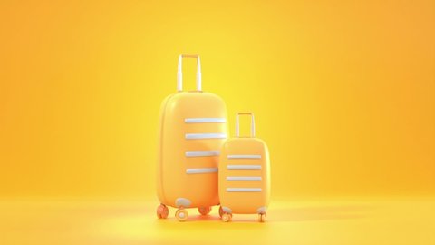Yellow plastic suitcases with wheels, 3d render. Luggage bags for summer journey or vacation trip on orange sun background. Realistic animation baggage for beach holiday. Travel banner