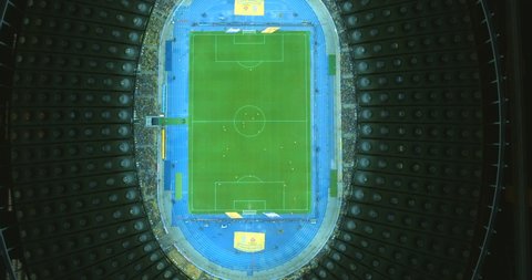 Olympic Stadium in Kiev, Ukraine. Top-down view of a sports stadium with an international match of Ukrainian football players. Kiev-Olympic Stadium October 9, 2017. World Cup. 