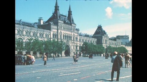 Moscow, Russia - 1985: Red Square and Kremlin complex with the GUM, State Department Store. Archival of Russia in 1980s in Moscow.