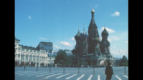 Moscow, Russia - 1985: Red Square with Saint Basil's Cathedral. Archival of Moscow in Russia in 1980s.