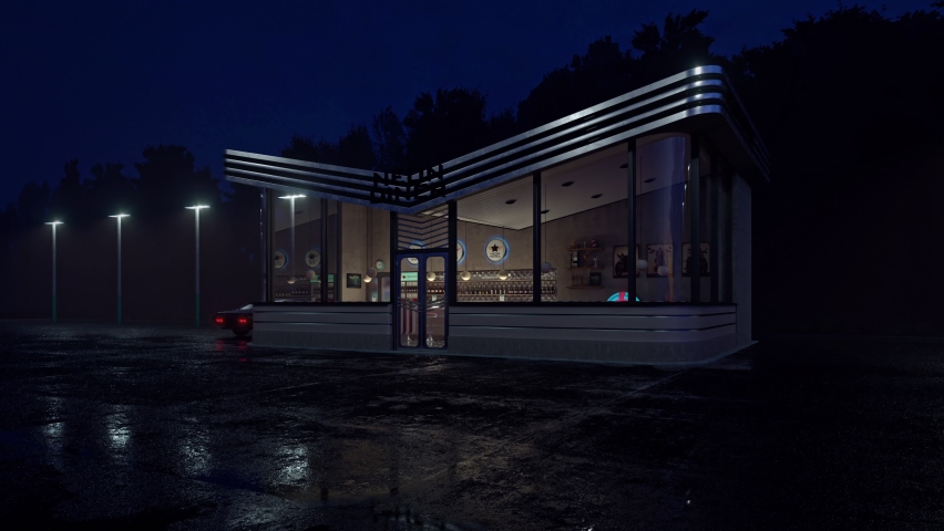 Neon diner and retro car late at night. Fog, rain and colour reflections on asphalt. Retro diner interior. Tile floor, neon illumination, jukebox and retro style bar stools. 3d illustration. Royalty-Free Stock Footage #1088248795