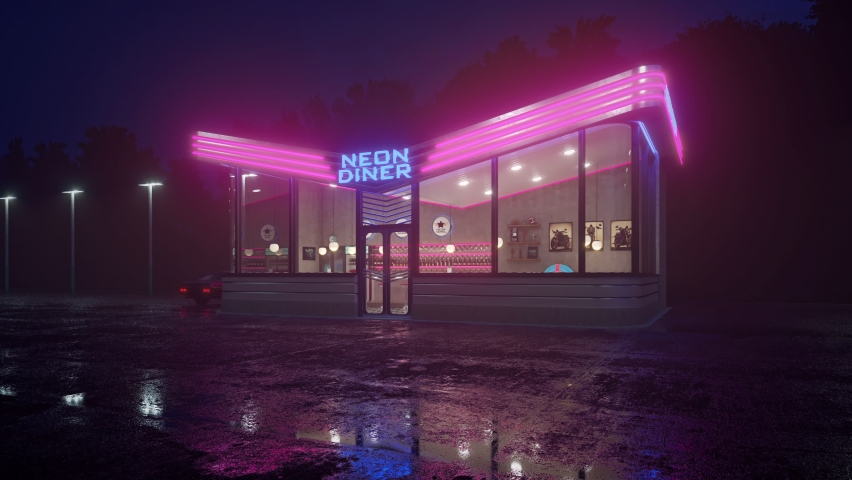 Neon diner and retro car late at night. Fog, rain and colour reflections on asphalt. Retro diner interior. Tile floor, neon illumination, jukebox and retro style bar stools. 3d illustration. - Powered by Shutterstock - Get 15% off with code: PIKWIZARD15