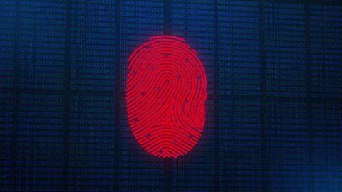 Animation of fingerprint scanning over data processing in digital space. global digital security, safety and technology concept digitally generated video.