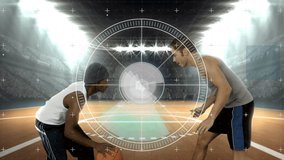 Animation of rotating security system over diverse male players at stadium. global digital security, safety, sport and technology concept digitally generated video.