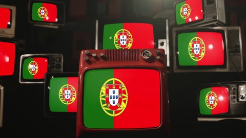 The National Flag of Portugal and Vintage Televisions. 4K Resolution.