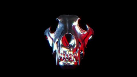 Metal shiny chrome dog or wolf skull isolated on black background. Bright abstract art design. Pop art fashion element. Realistic digital 3d animation animal head.