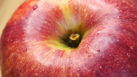 Droplets of water on the peel of an apple, close-up. Apple fruit of the Gala variety.
