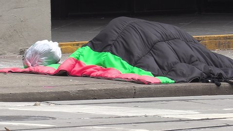 Toronto, Ontario, Canada March 2022 Homeless people in tents sleep on cold Toronto streets financial district