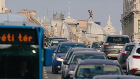 Budapest, Hungary - February 28, 2022: Crowded city street with cars in a European capital in Budapest, Hungary. 