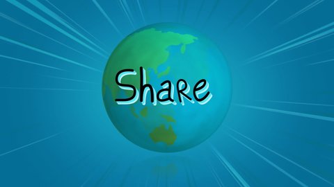 Animation of network of connections with share text and globe on blue background. cloud computing, connections, data processing and networking concept digitally generated video.