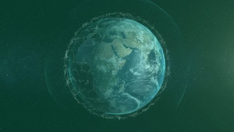 Animation of network of connections with cloud icons and globe on green background. cloud computing, connections, data processing and networking concept digitally generated video.