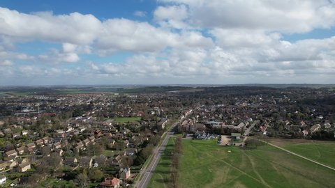 Therfield Heath Royston town in background Hertfordshire, UK Aerial drone 4k footage