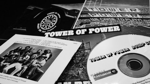 Rome, February 22, 2022: CD covers of the funk group TOWER OF POWER, active since the 70s. Over the years they have made 19 studio albums, and several lives, they have had several singers