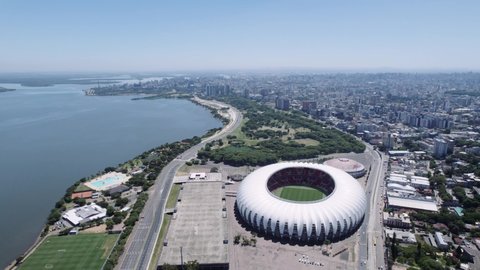 Porto Alegre, Rio Grande do Sul, Brazil, circa February 2022: Aerial view of Porto Alegre, RS, Brazil. Aerial photo of the Stadium Jose Pinheiro Borda.