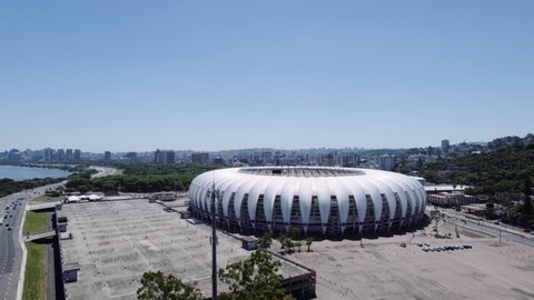 Porto Alegre, Rio Grande do Sul, Brazil, circa February 2022: Aerial view of Porto Alegre, RS, Brazil. Aerial photo of the Stadium Jose Pinheiro Borda.