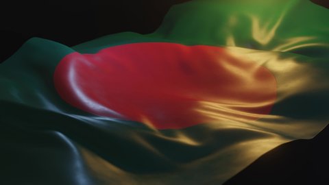 Bangladesh Flag with Low, Side Angled View and warm, ambient lighting, 3D Render