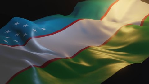 Uzbekistan Flag with Low, Side Angled View and warm, ambient lighting, 3D Render