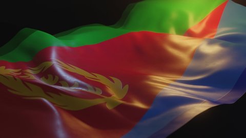 Eritrea Flag with Low, Side Angled View and warm, ambient lighting, 3D Render