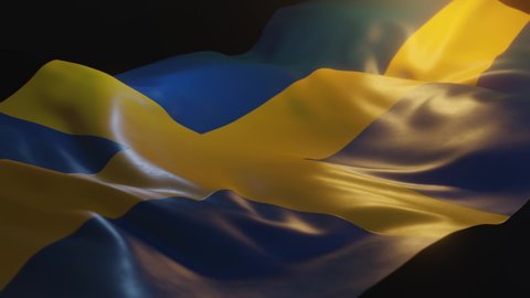Sweden Flag with Low, Side Angled View and warm, ambient lighting, 3D Render