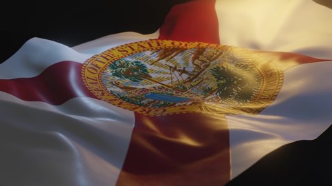 Florida State Flag with Low, Side Angled View and warm, ambient lighting, 3D Render, USA, American Flag
