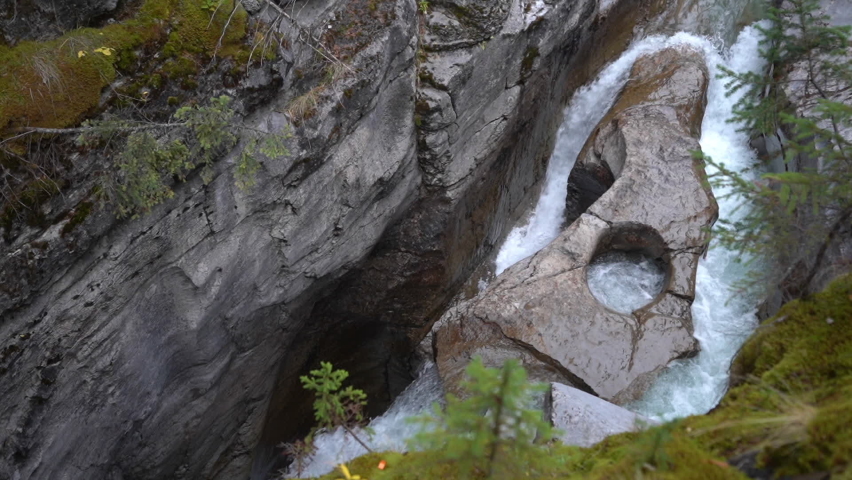 Maligne River Canyon Rapids, Jasper National Park, Alberta, Canada. High Angle View of Slot Canyon on Cold Autumn Day