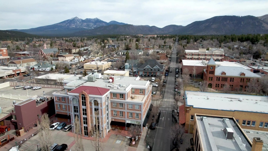 Flagstaff Arizona Aerial with San Francisco Peaks in Background in 4k