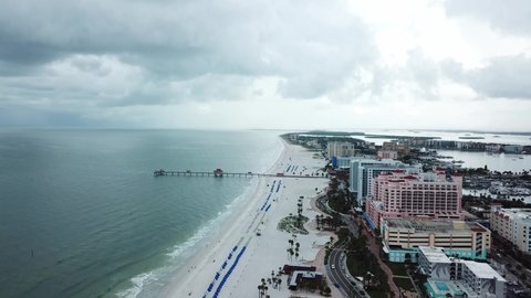 Clearwater Florida white sand beach and hotels on Cloudy Day aerial