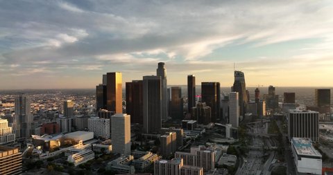 Downtown Los Angeles aerial view, business centre of the city. Cinematic Drone Footage of Top Aerial View.