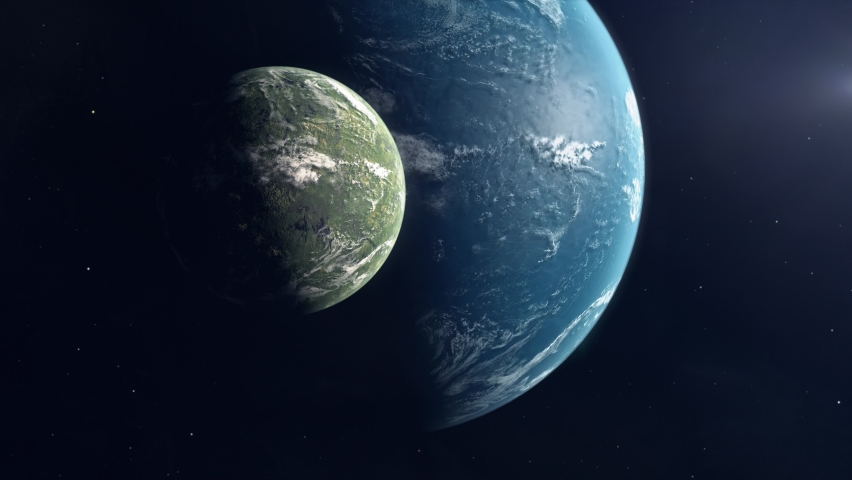 Lush Green Moon Orbiting an Ocean Super Earth - With Spaceship Approaching Royalty-Free Stock Footage #1088269847
