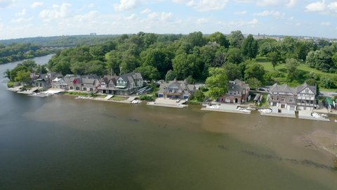 Beautiful Aerial Shot of the Famous Boathouse Row in Philadelphia on a Sunny Summer Day, Panning Drone Movement