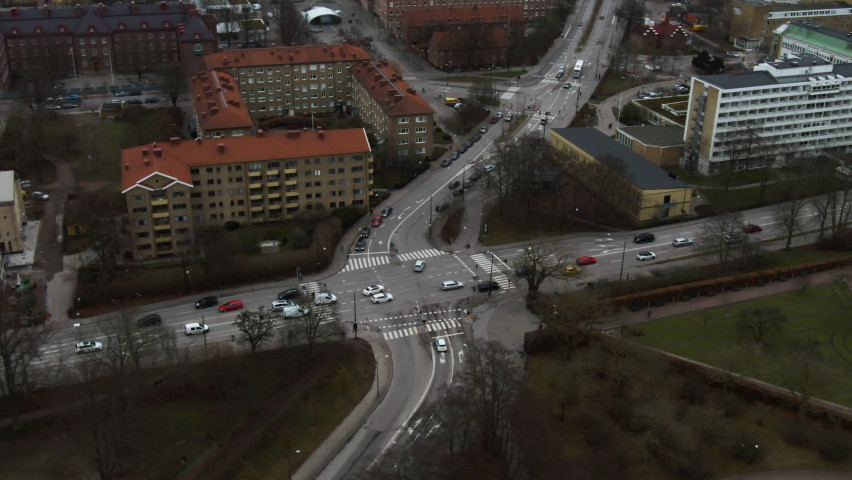 Car traffic on city road, Malmo in Sweden. Aerial top-down sideways 
