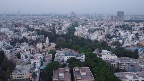 Bangalore, India 14th March 2022:  An aerial shot of Sajjan Rao Circle, VV Puram, Bangalore. Visveswarapura. The capital city of Karnataka drone view. The megacity of India. Cosmopolitan city. 
