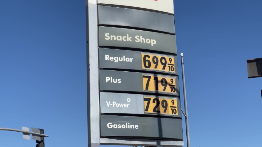 LOS ANGELES, March 11th, 2022:  High gas prices. Extreme close up of sign showing prices of over 7 dollars a gallon at a Shell gas station in Los Angeles, California.