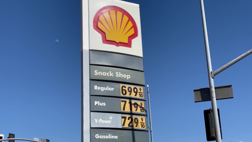 LOS ANGELES, March 11th, 2022:  High gas prices. Close up of sign showing prices of over 7 dollars a gallon at a Shell gas station in Los Angeles, California.