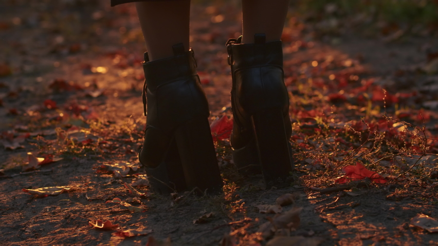 A young woman with Santa Muerte make-up dressed in a black dress of death walks against the backdrop of autumn leaves in the forest during sunset. Day of the Dead or Halloween concept.