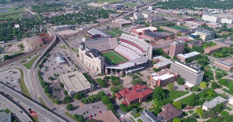 LINCOLN, USA - JUNE 2021: Aerial Shot of Memorial Stadium, Home of the Nebraska Huskers (Cornhuskers) Football Team