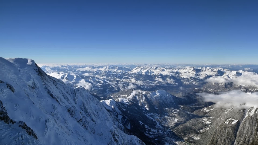 Winter landscape in the French Alps: panoramic view from Aguille du Midi (Mont Blanc massif)