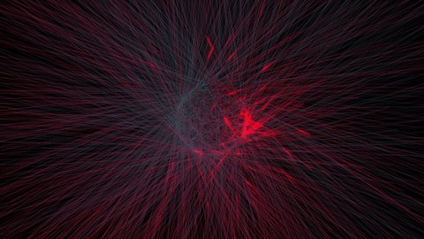 Abstract glow energy Red Neon mesh streak tunnel Animation. Wire Mesh Neon light tunnel with motion and rotation. Render technology abstract background with light of lines and messy network
