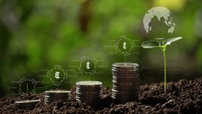 bitcoin on coin stack increase business growth concept. bitcoin sign hologram background. - Powered by Shutterstock - Get 15% off with code: PIKWIZARD15