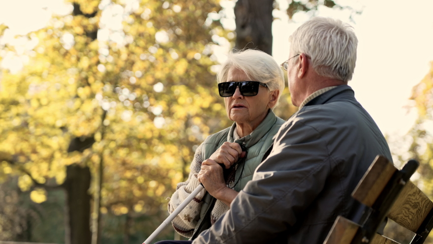 Senior Caucasian man spends time with his disabled blind wife in the park looking back disabled people support concept portrait copy space . High quality 4k footage