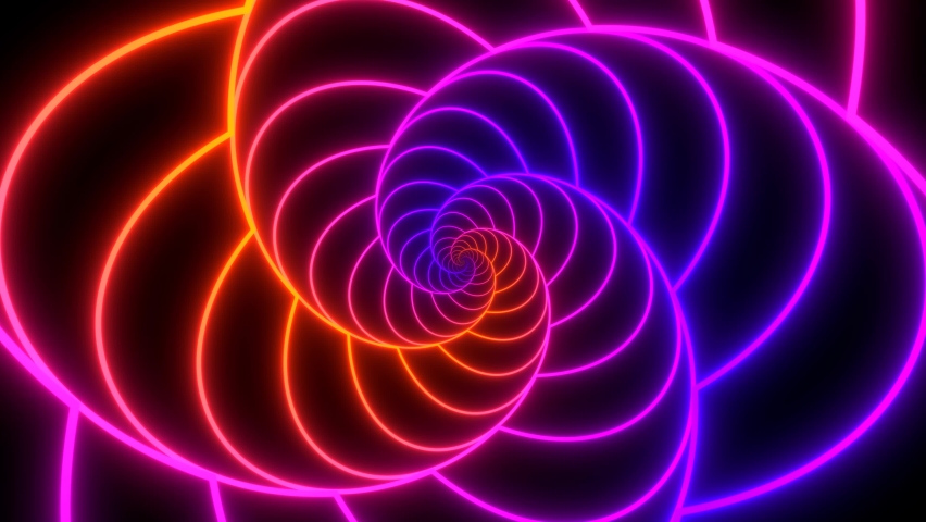 Glowing striped spiral. Abstract background in orange, red and purple vivid neon glow colors. Retro backdrop for event, party, carnival, celebration, anniversary or other. Seamless loop animation. Royalty-Free Stock Footage #1088279305