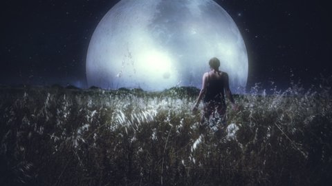 Woman Walking Fields Night Full Moon Spinning, Surreal Landscape. Girl walking happily through a field at night with the moon spinning in the background