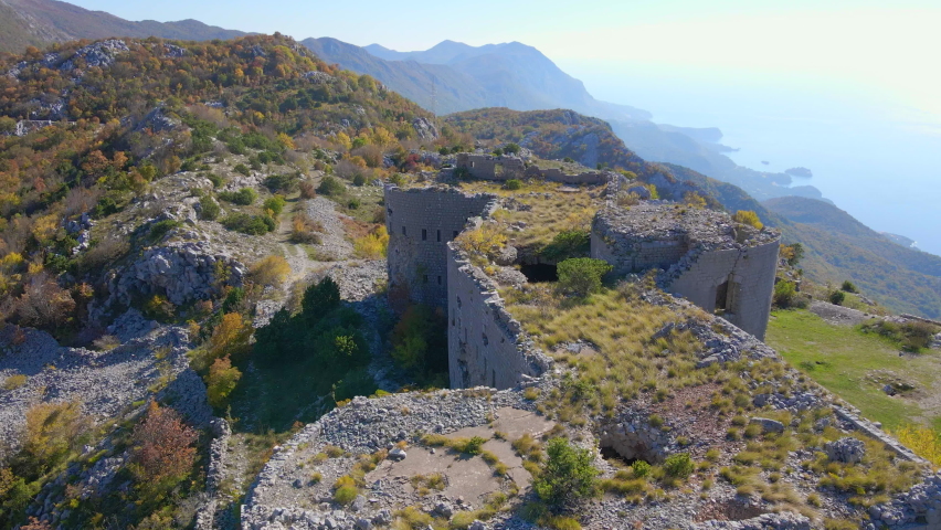 Aerial shot of the Fortress Kosmach in Montenegro. An old fortress built by the Austrians as a defensive structure and a vantage point