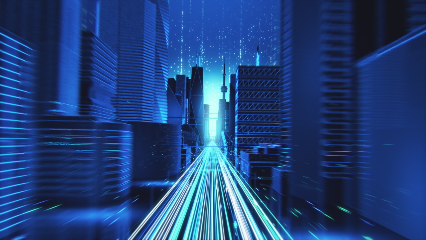 Digital VFX 3D Render of a Futuristic Business City. Camera Flowing Through the Abstract Streets with Technological Interconnected Lines Representing Worldwide Web, Internet Connectivity and Big Data. Royalty-Free Stock Footage #1088284737